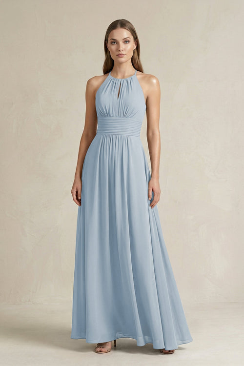 Halter A - Line Chiffon Ankle - Length Bridesmaid Dress in Dusty Blue - SHE IS ME Bridesmaid Dresses