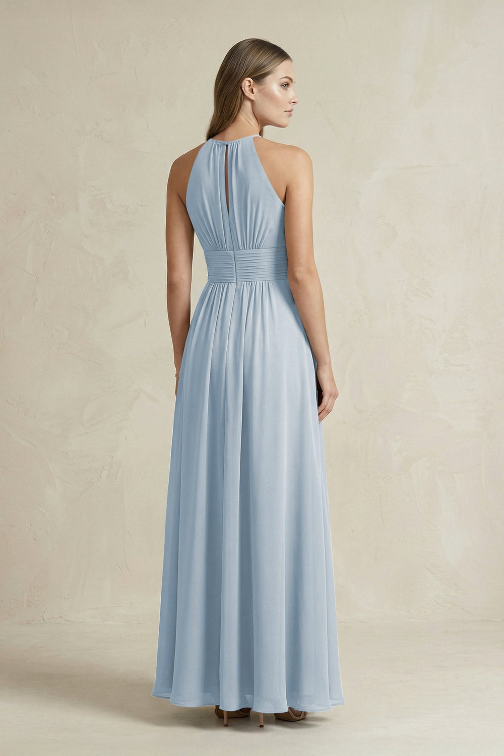 Halter A - Line Chiffon Ankle - Length Bridesmaid Dress in Dusty Blue - KISS BRIDAL Bridesmaid Dresses