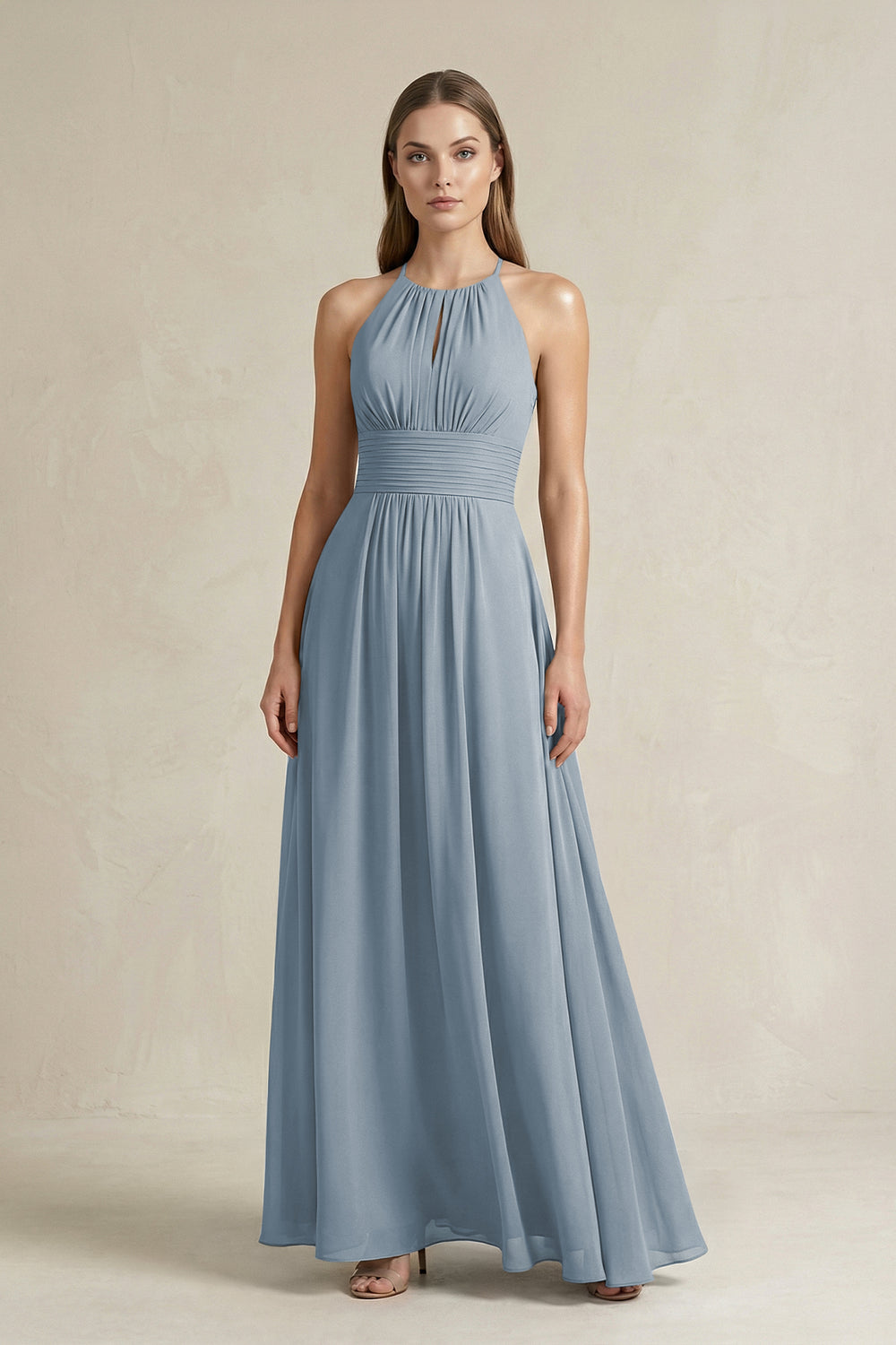 Halter A-Line Chiffon Ankle-Length Bridesmaid Dress in Dusty Blue