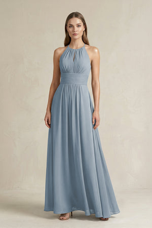 Halter A-Line Chiffon Ankle-Length Bridesmaid Dress in Dusty Blue | KISSBRIDAL