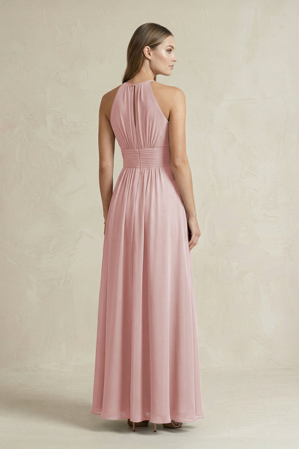 Halter A - Line Chiffon Ankle - Length Bridesmaid Dress in Dusty Rose - SHE IS ME Bridesmaid Dresses