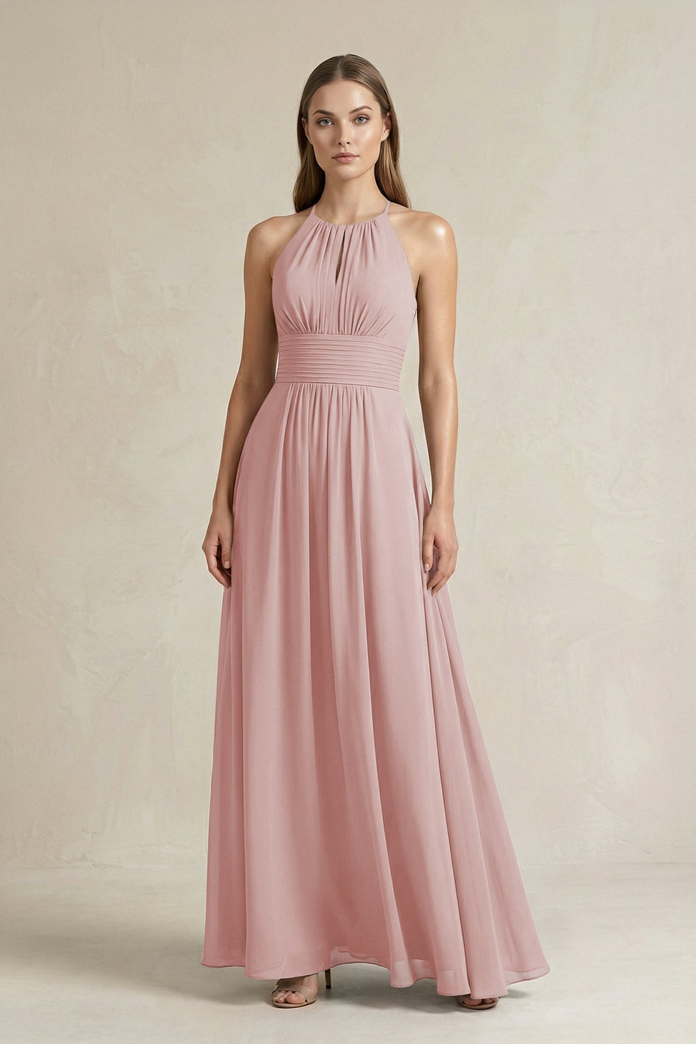 Halter A - Line Chiffon Ankle - Length Bridesmaid Dress in Dusty Rose - KISS BRIDAL Bridesmaid Dresses