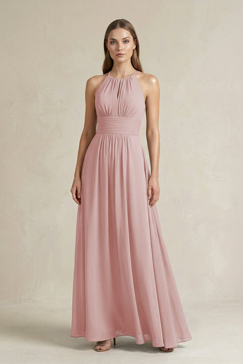 Halter A - Line Chiffon Ankle - Length Bridesmaid Dress in Dusty Rose - SHE IS ME Bridesmaid Dresses