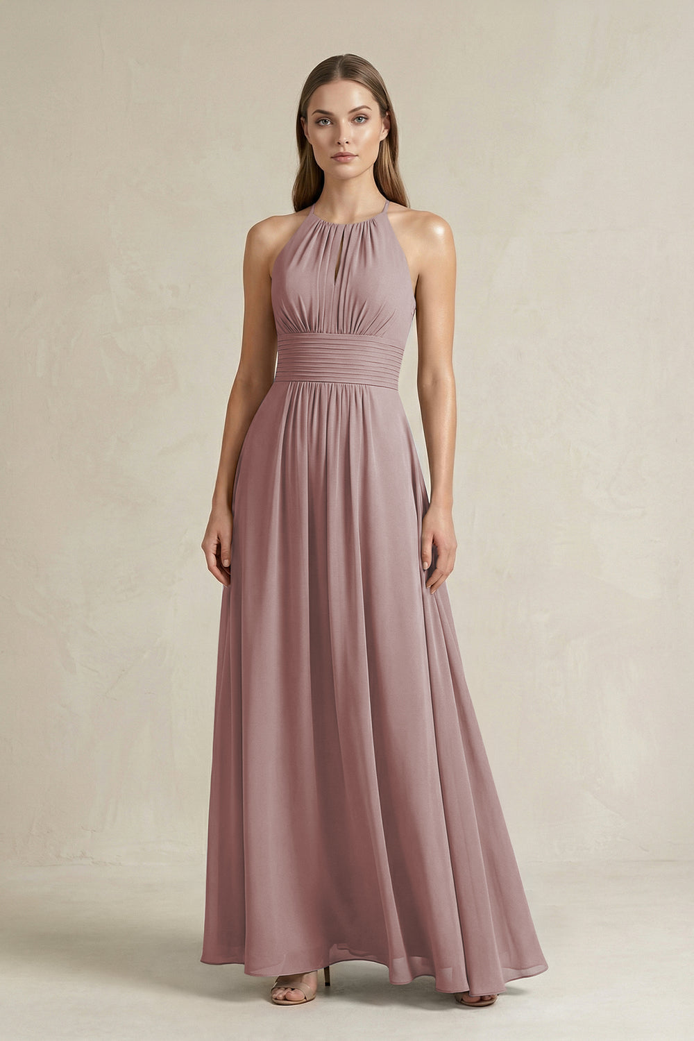 Halter A-Line Chiffon Ankle-Length Bridesmaid Dress in Dusty Rose