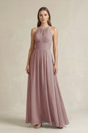 Halter A-Line Chiffon Ankle-Length Bridesmaid Dress in Dusty Rose | KISSBRIDAL