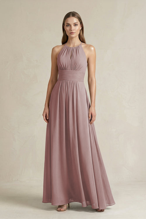 Halter A-Line Chiffon Ankle-Length Bridesmaid Dress in Dusty Rose | KISSBRIDAL