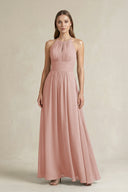 Halter A-Line Chiffon Ankle-Length Bridesmaid Dress in English Rose | KISSBRIDAL