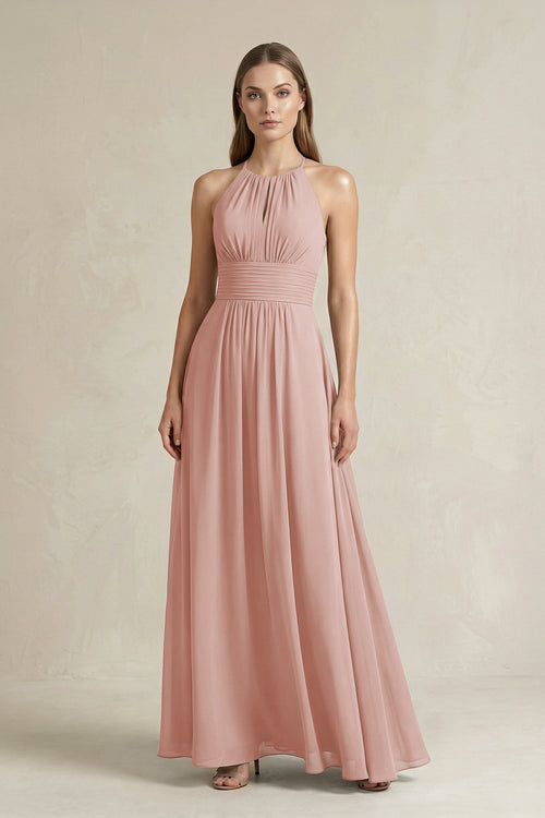 Halter A-Line Chiffon Ankle-Length Bridesmaid Dress in English Rose | KISSBRIDAL