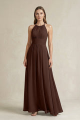 Halter A - Line Chiffon Ankle - Length Bridesmaid Dress in Espresso - KISS BRIDAL Bridesmaid Dresses