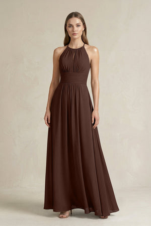 Halter A - Line Chiffon Ankle - Length Bridesmaid Dress in Espresso - SHE IS ME Bridesmaid Dresses