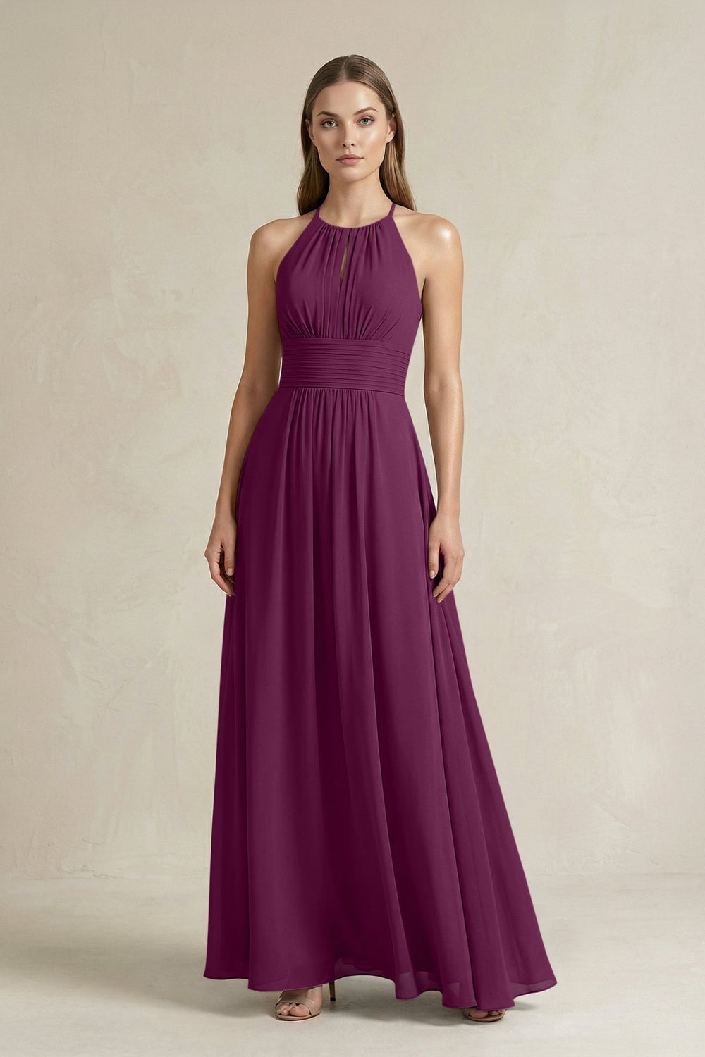 Halter A - Line Chiffon Ankle - Length Bridesmaid Dress in Fig - KISS BRIDAL Bridesmaid Dresses