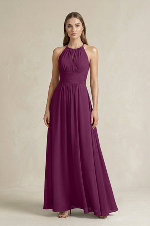Halter A - Line Chiffon Ankle - Length Bridesmaid Dress in Fig - SHE IS ME Bridesmaid Dresses