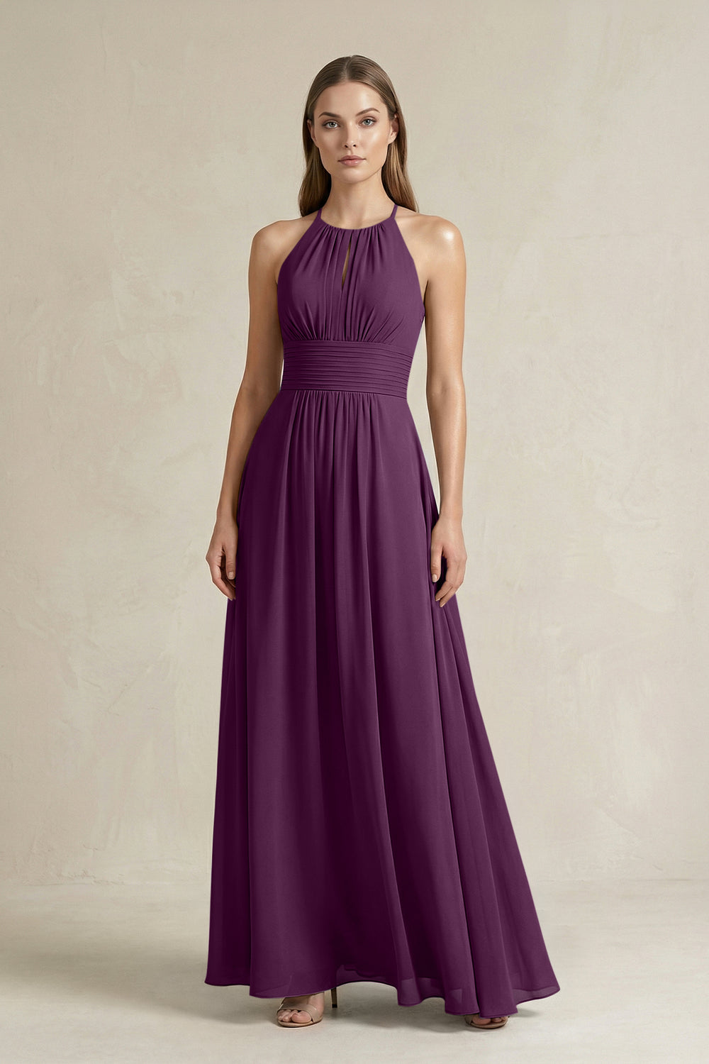 Halter A-Line Chiffon Ankle-Length Bridesmaid Dress in Fig