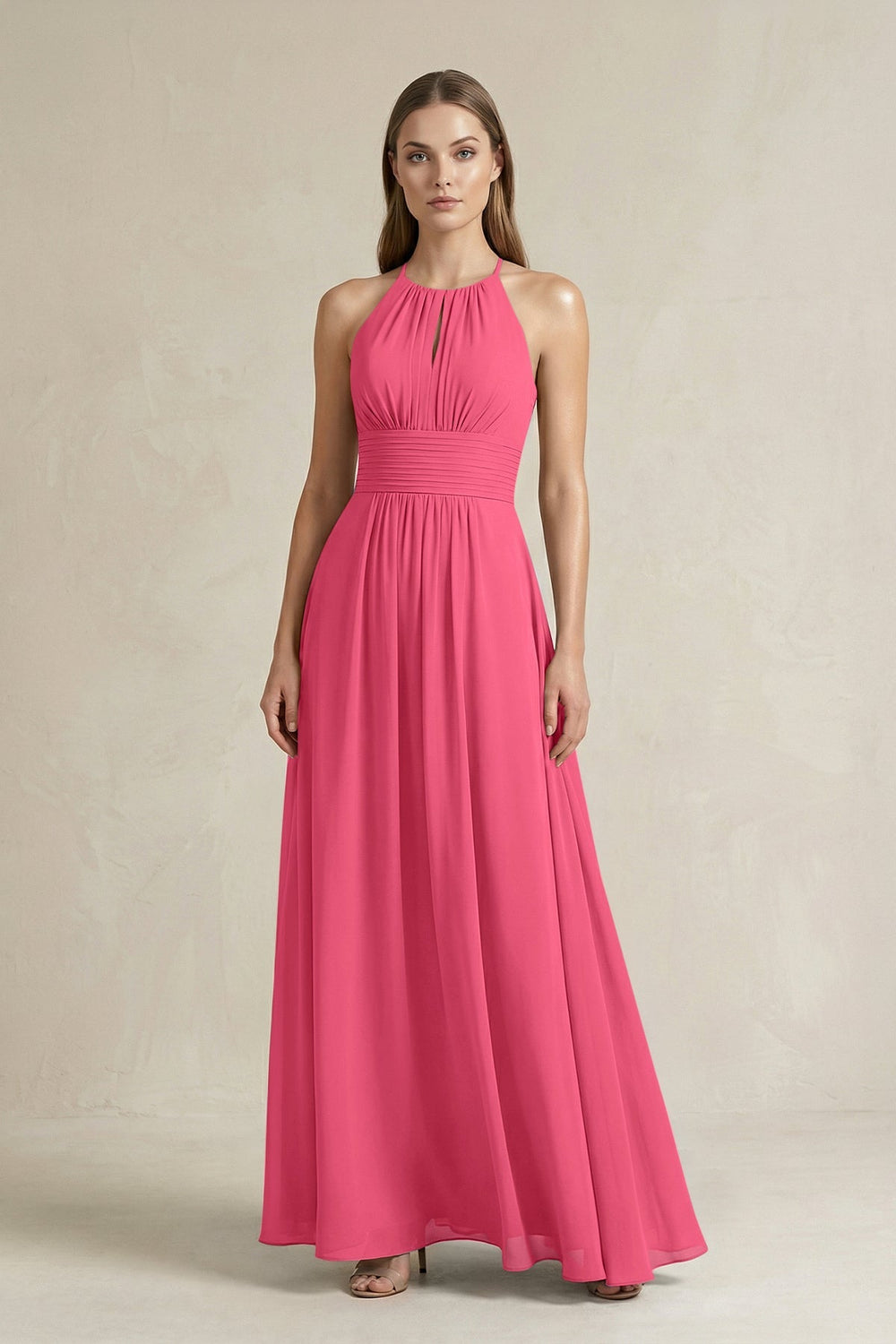 Halter A - Line Chiffon Ankle - Length Bridesmaid Dress in Fuchsia - KISS BRIDAL Bridesmaid Dresses
