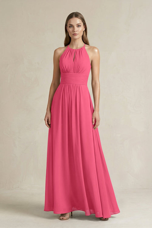 Halter A - Line Chiffon Ankle - Length Bridesmaid Dress in Fuchsia - SHE IS ME Bridesmaid Dresses