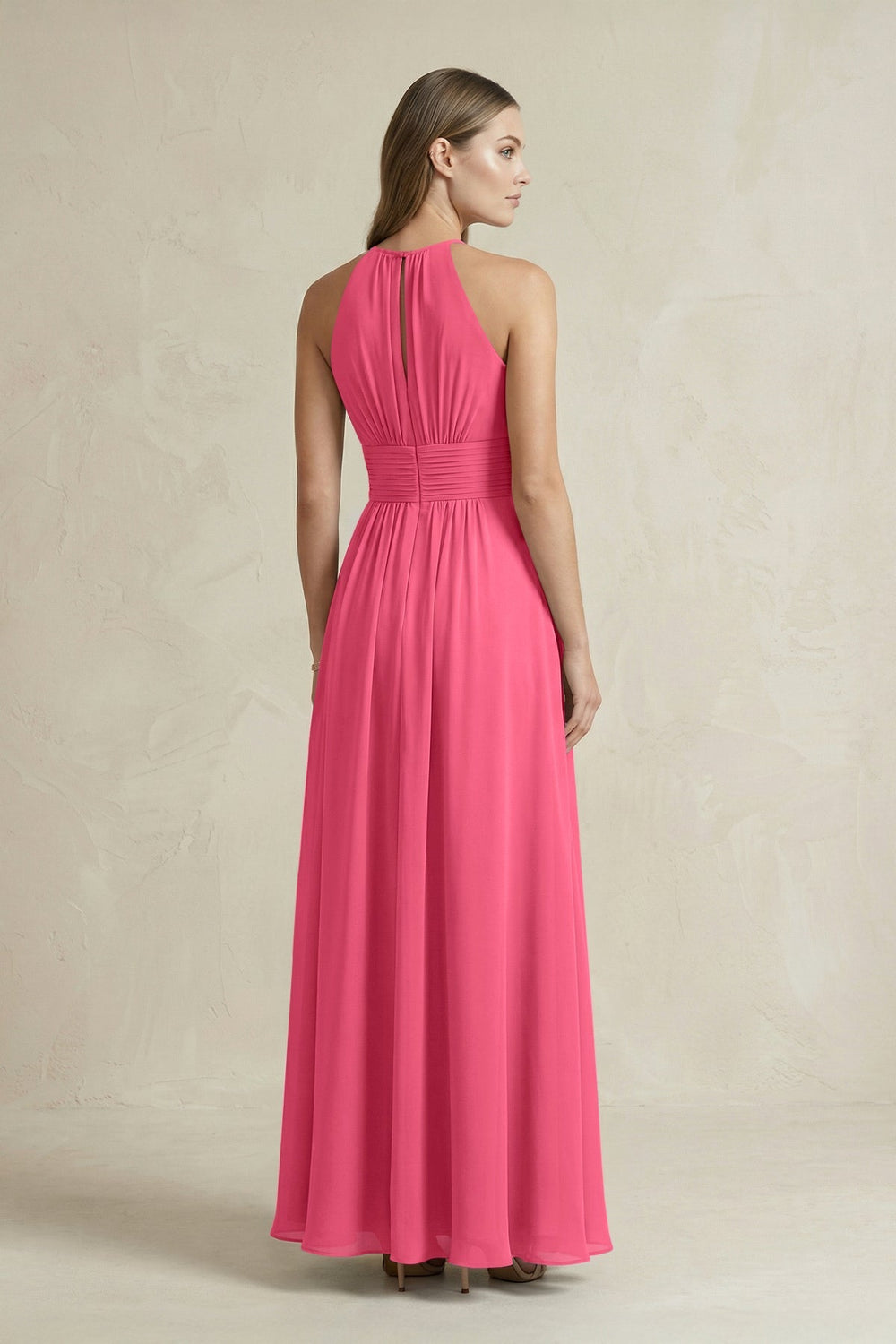 Halter A - Line Chiffon Ankle - Length Bridesmaid Dress in Fuchsia - KISS BRIDAL Bridesmaid Dresses