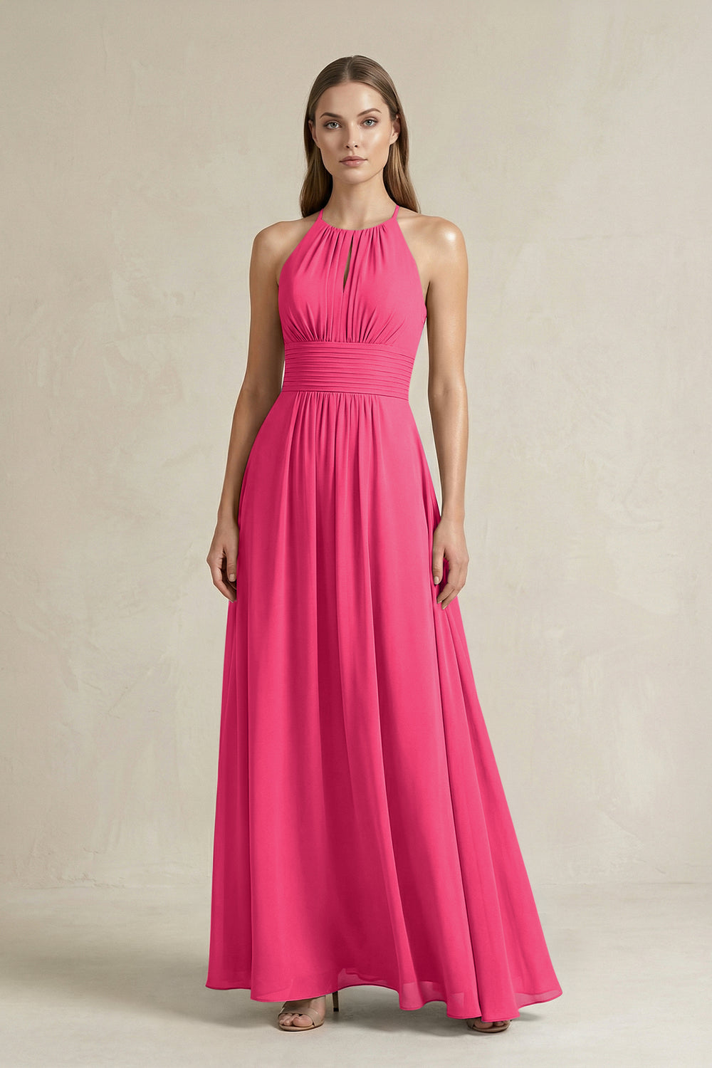 Halter A-Line Chiffon Ankle-Length Bridesmaid Dress in Fuchsia