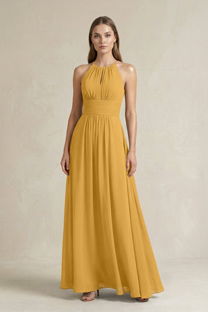 Halter A - Line Chiffon Ankle - Length Bridesmaid Dress in Marigold - SHE IS ME Bridesmaid Dresses