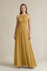 Halter A-Line Chiffon Ankle-Length Bridesmaid Dress in Marigold | KISSBRIDAL