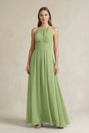 Halter A - Line Chiffon Ankle - Length Bridesmaid Dress in Matcha - SHE IS ME Bridesmaid Dresses