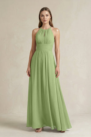 Halter A - Line Chiffon Ankle - Length Bridesmaid Dress in Matcha - SHE IS ME Bridesmaid Dresses