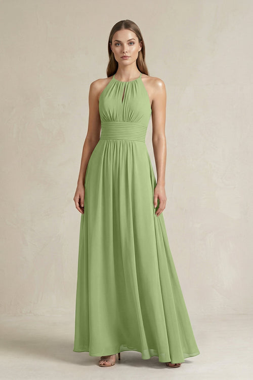 Halter A - Line Chiffon Ankle - Length Bridesmaid Dress in Matcha - SHE IS ME Bridesmaid Dresses
