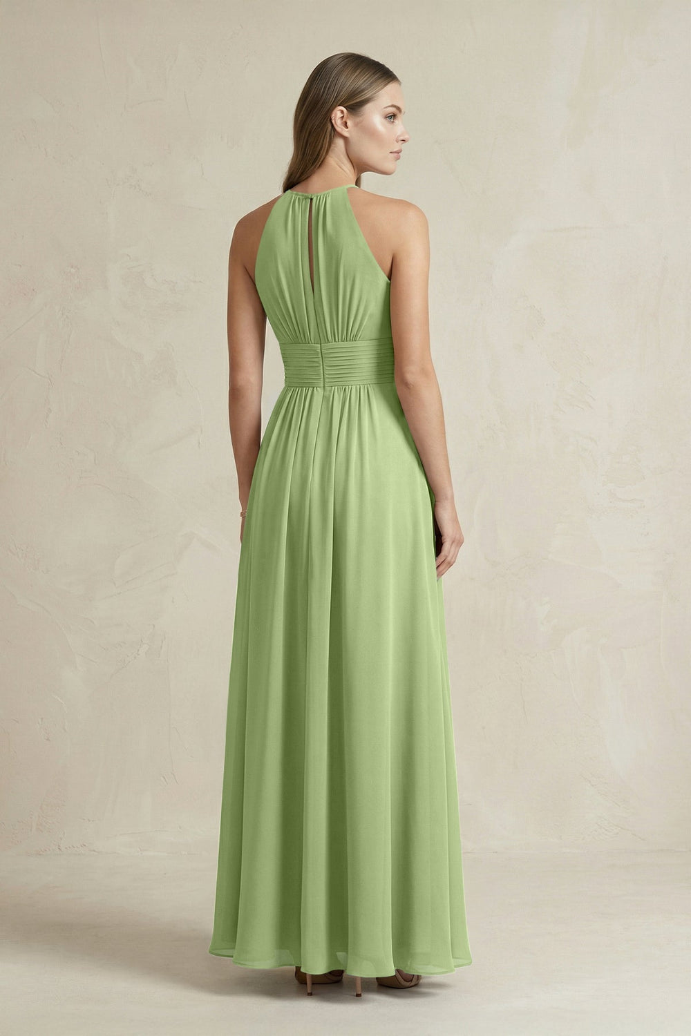Halter A - Line Chiffon Ankle - Length Bridesmaid Dress in Matcha - KISS BRIDAL Bridesmaid Dresses