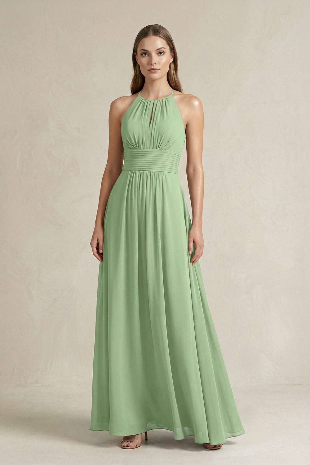 Halter A-Line Chiffon Ankle-Length Bridesmaid Dress in Matcha