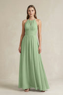 Halter A-Line Chiffon Ankle-Length Bridesmaid Dress in Matcha | KISSBRIDAL