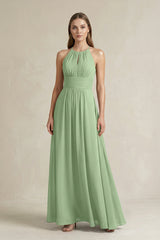 Halter A-Line Chiffon Ankle-Length Bridesmaid Dress in Matcha | KISSBRIDAL