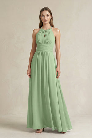 Halter A-Line Chiffon Ankle-Length Bridesmaid Dress in Matcha | KISSBRIDAL