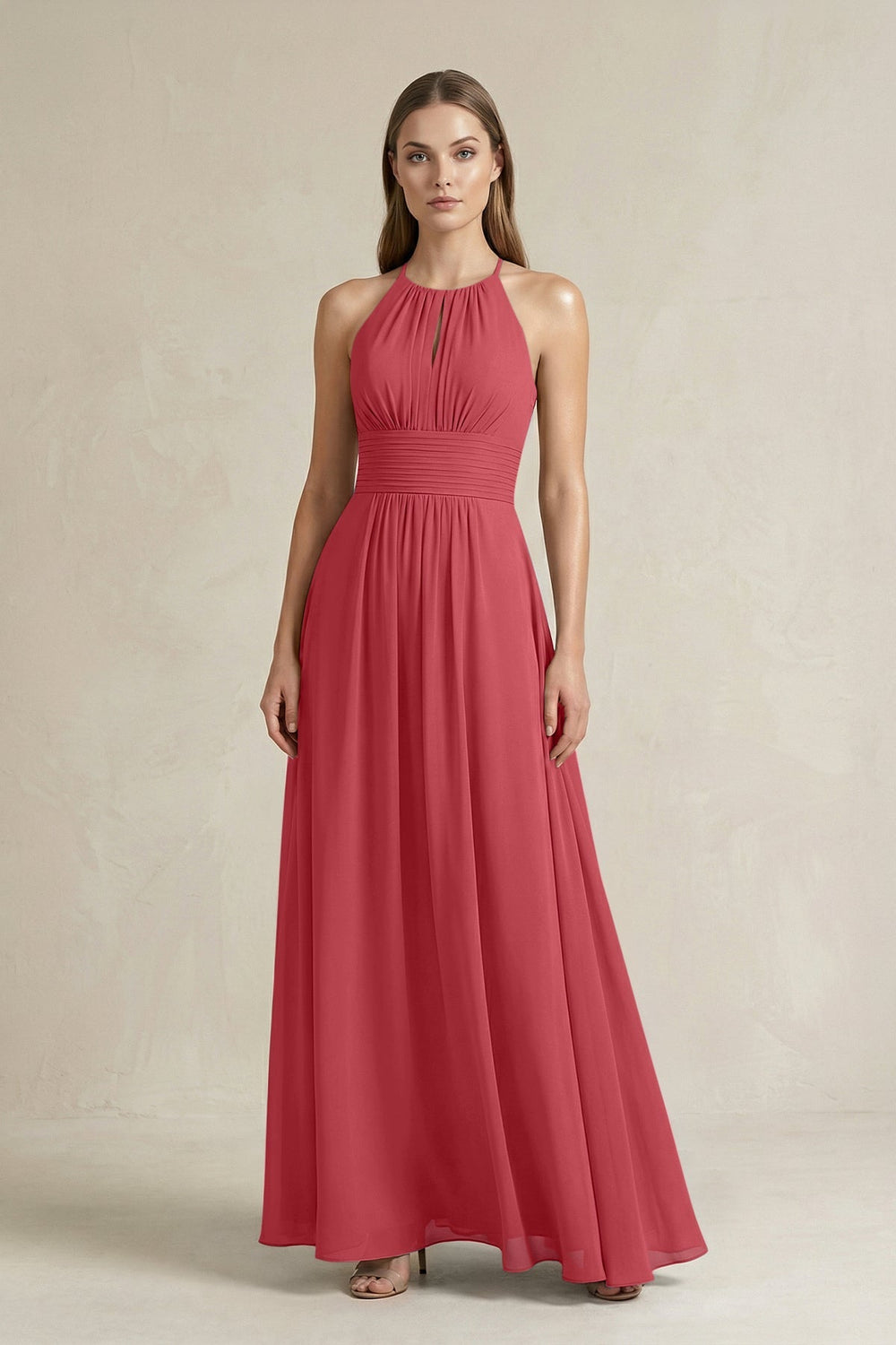Halter A - Line Chiffon Ankle - Length Bridesmaid Dress in Merlot - KISS BRIDAL Bridesmaid Dresses
