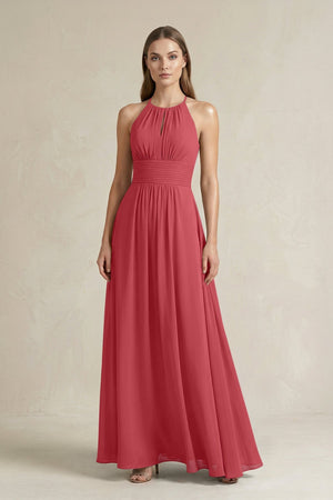 Halter A - Line Chiffon Ankle - Length Bridesmaid Dress in Merlot - SHE IS ME Bridesmaid Dresses