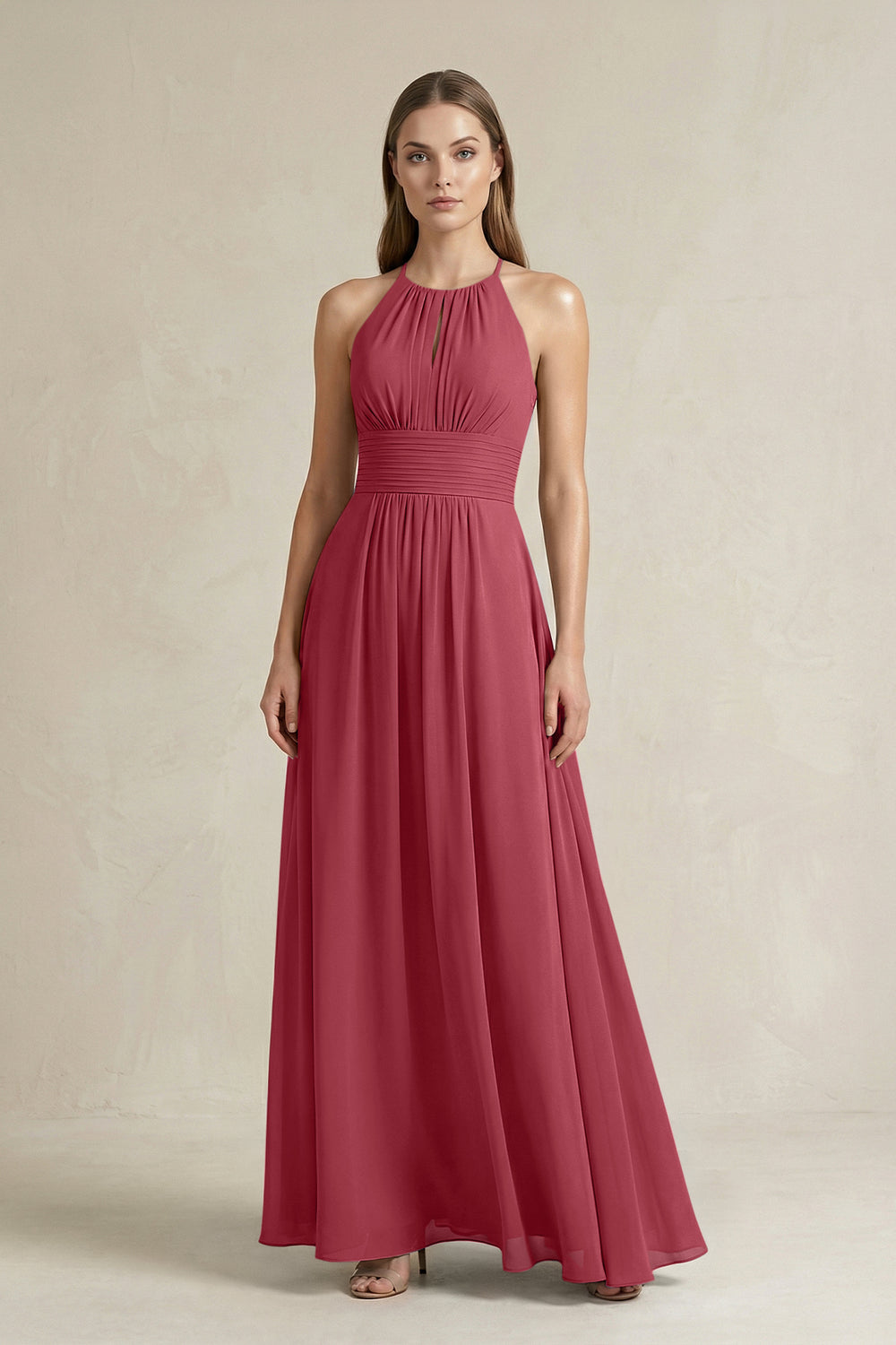 Halter A-Line Chiffon Ankle-Length Bridesmaid Dress in Merlot