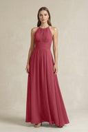 Halter A-Line Chiffon Ankle-Length Bridesmaid Dress in Merlot | KISSBRIDAL