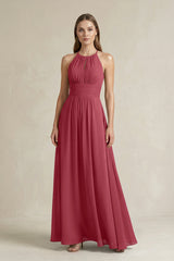 Halter A-Line Chiffon Ankle-Length Bridesmaid Dress in Merlot | KISSBRIDAL