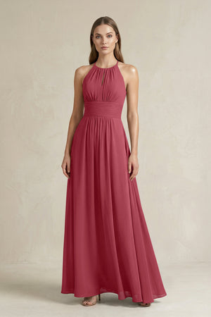 Halter A-Line Chiffon Ankle-Length Bridesmaid Dress in Merlot | KISSBRIDAL