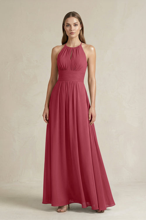 Halter A-Line Chiffon Ankle-Length Bridesmaid Dress in Merlot | KISSBRIDAL