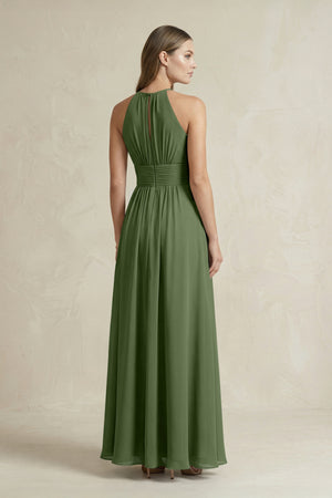 Halter A-Line Chiffon Ankle-Length Bridesmaid Dress in Moss (2) | KISSBRIDAL