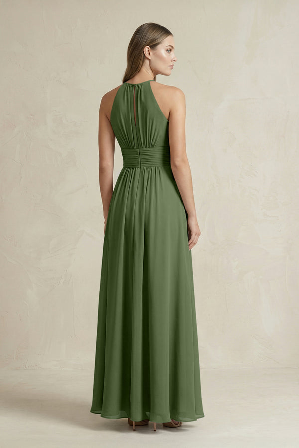 Halter A-Line Chiffon Ankle-Length Bridesmaid Dress in Moss (2) | KISSBRIDAL