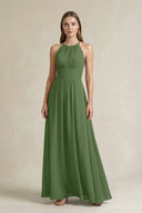 Halter A - Line Chiffon Ankle - Length Bridesmaid Dress in Moss - SHE IS ME Bridesmaid Dresses
