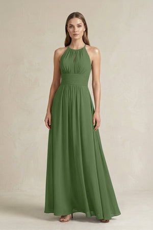 Halter A - Line Chiffon Ankle - Length Bridesmaid Dress in Moss - SHE IS ME Bridesmaid Dresses