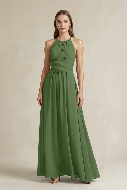 Halter A - Line Chiffon Ankle - Length Bridesmaid Dress in Moss - SHE IS ME Bridesmaid Dresses