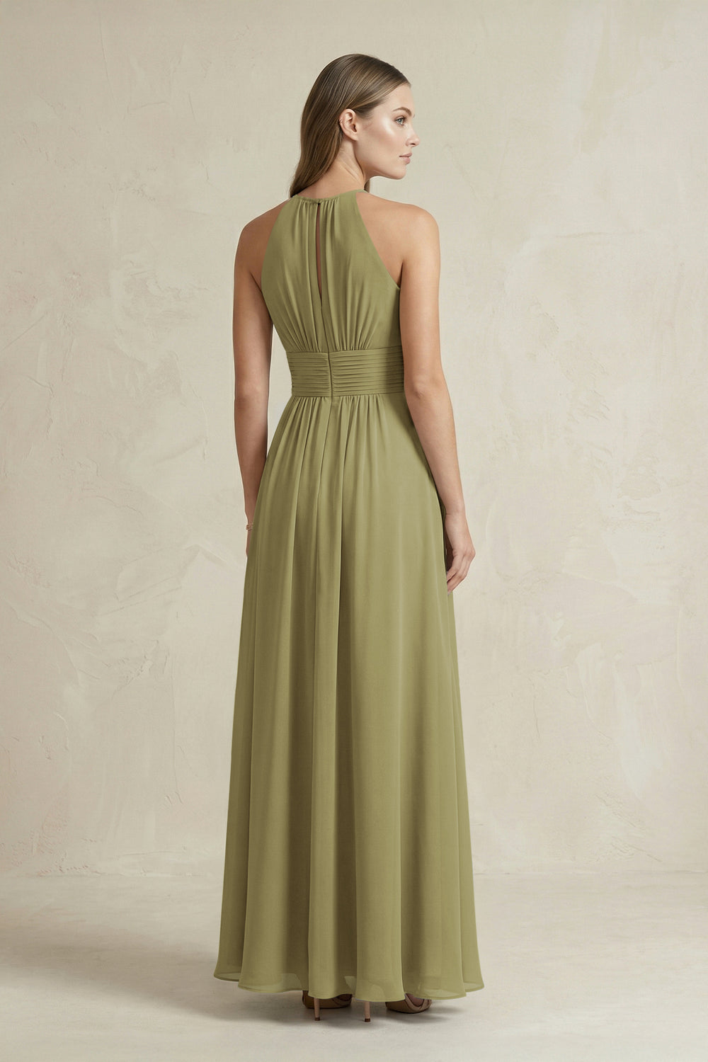 Halter A-Line Chiffon Ankle-Length Bridesmaid Dress in Moss Green