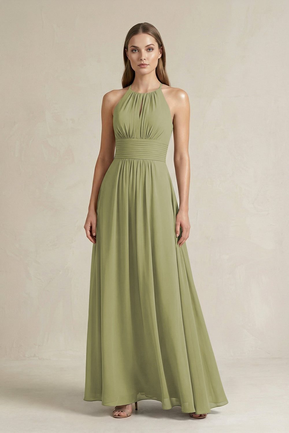 Halter A - Line Chiffon Ankle - Length Bridesmaid Dress in Moss Green - KISS BRIDAL Bridesmaid Dresses