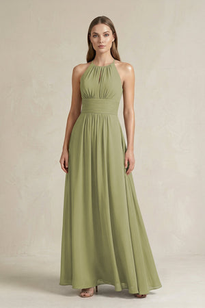 Halter A - Line Chiffon Ankle - Length Bridesmaid Dress in Moss Green - SHE IS ME Bridesmaid Dresses
