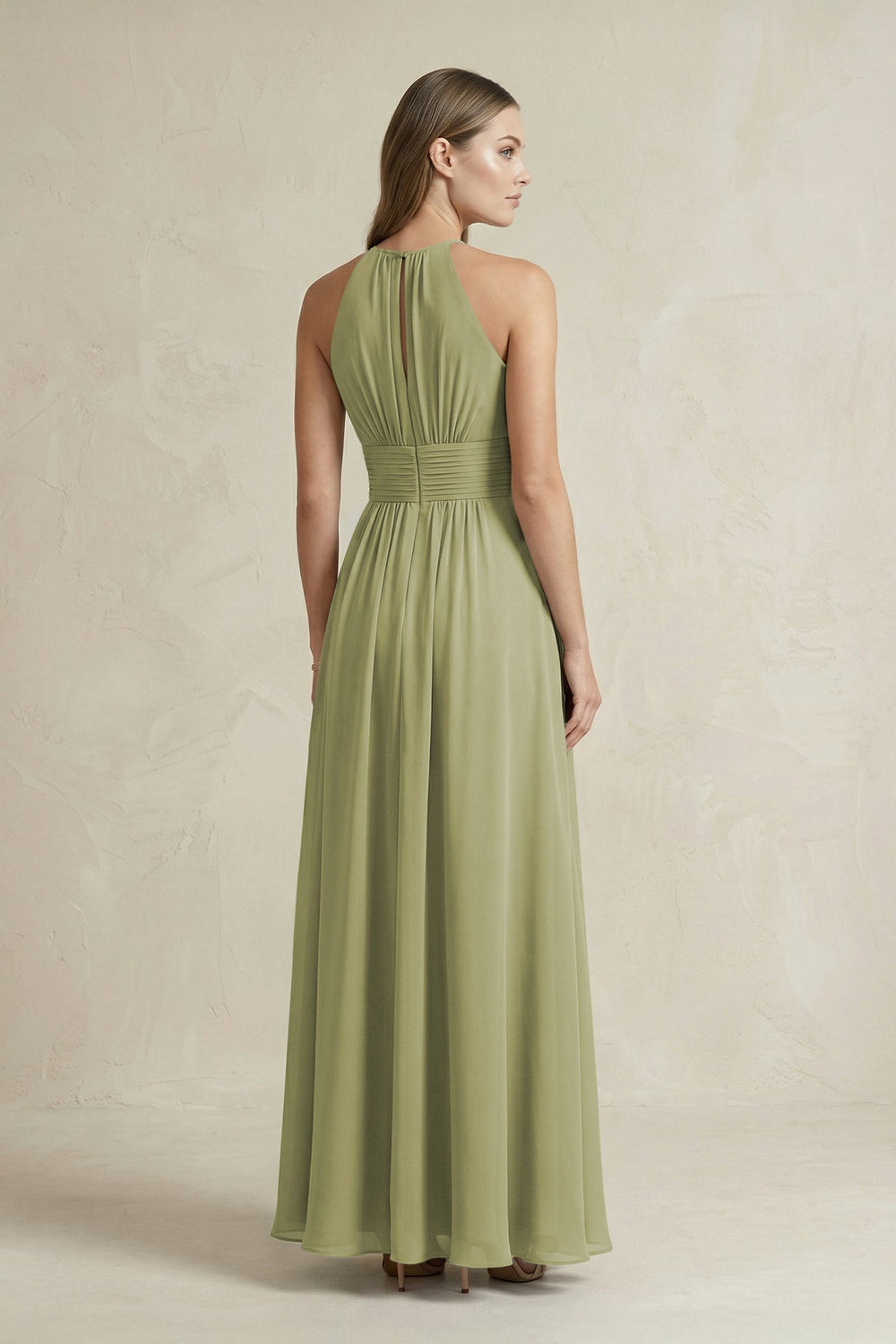 Halter A - Line Chiffon Ankle - Length Bridesmaid Dress in Moss Green - KISS BRIDAL Bridesmaid Dresses
