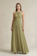 Halter A-Line Chiffon Ankle-Length Bridesmaid Dress in Moss Green | KISSBRIDAL