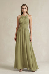 Halter A-Line Chiffon Ankle-Length Bridesmaid Dress in Moss Green | KISSBRIDAL