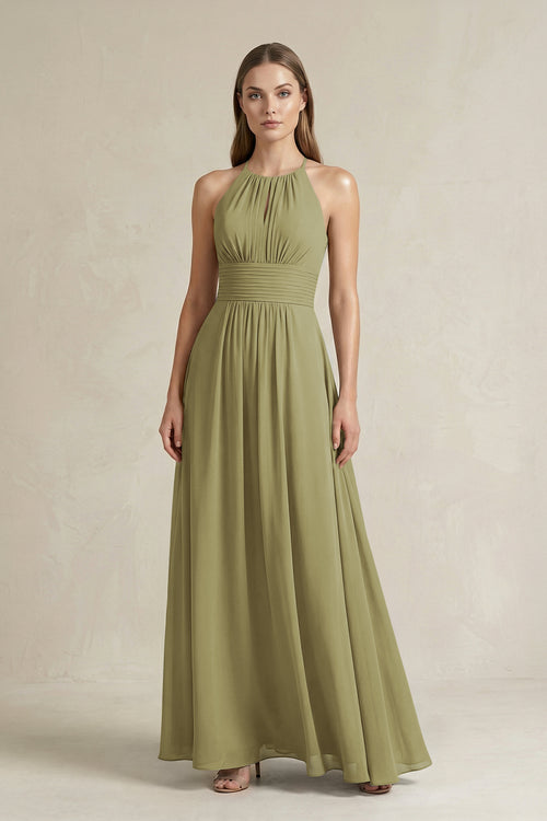Halter A-Line Chiffon Ankle-Length Bridesmaid Dress in Moss Green | KISSBRIDAL